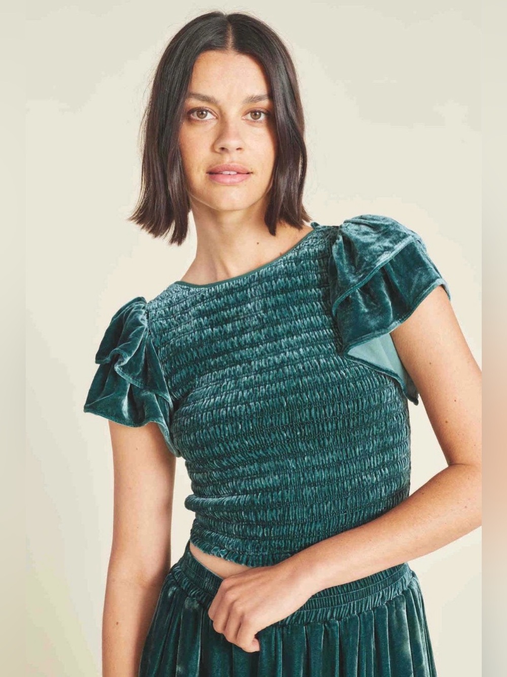 Trovata Cerise Velvet Smocked Crop Top Ruffle Sleeve Green XS